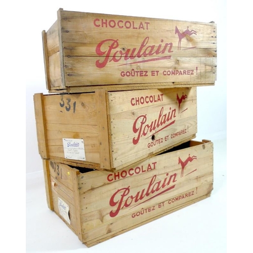 851 - Three 'Chocolat Poulain' wooden crates, mid 20th century, with original handwritten labels, used for... 