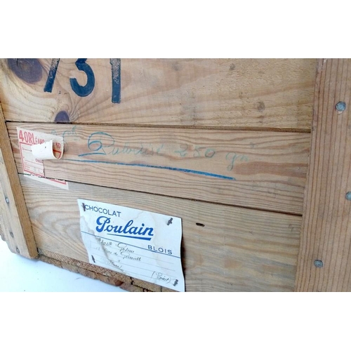 851 - Three 'Chocolat Poulain' wooden crates, mid 20th century, with original handwritten labels, used for... 