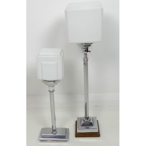 857 - A pair of Art Deco table lamps, with chrome square base, square light shade with canted corners, one... 