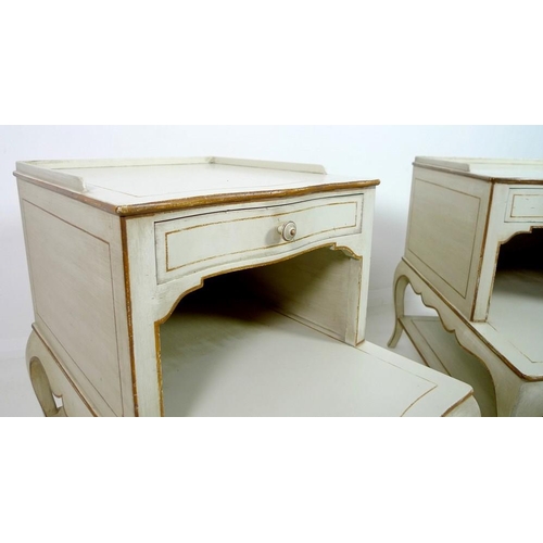 901 - A pair of Colefax and Fowler bedside tables, circa 1970, with three quarter gallery and serpentine f... 