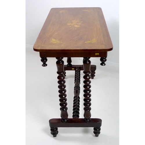 904 - A Victorian walnut and mahogany hall table, inlaid with floral marquetry and four butterflies and li... 