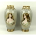 A pair of Royal Bonn, Germany, vases, with signed, painted reserve depicting two young ladies, ovoid... 