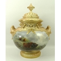 A fine and large John Stinton, Royal Worcester blush ivory porcelain pot pourri and cover, of circul... 