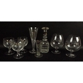 A cut glass decanter with silver collar, Stuart wine goblet, 19cm, rummer, 11cm, a set of three engr... 
