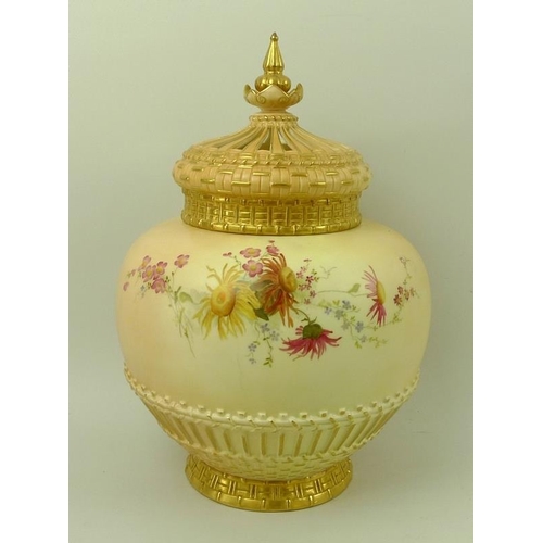 513 - A Royal Worcester blush ivory pot pourri and cover of lobed form with basket weave base and moulded ... 