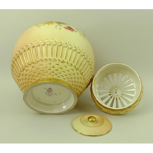 513 - A Royal Worcester blush ivory pot pourri and cover of lobed form with basket weave base and moulded ... 