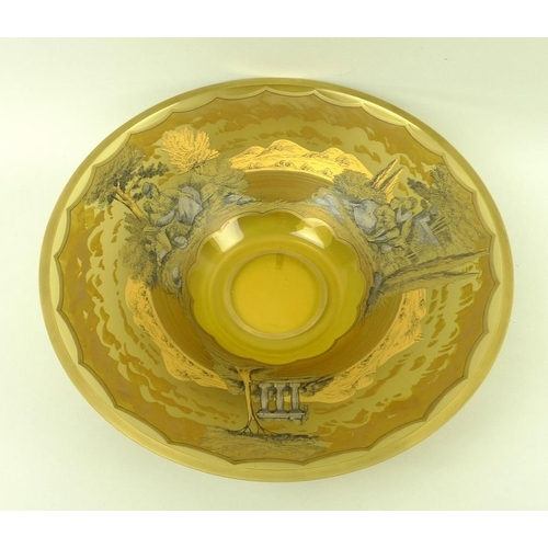 531 - A Continental lemon glass bowl, gilded and painted with classical scenes, signed, 33cm diameter.