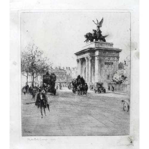 566 - After Percy Robertson (1868-1934): 'Hyde Park Corner 1923', an etching, initialled lower left to the... 