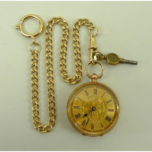 832 - A 19th century lady's pocket watch, open faced, key wind, possibly Swiss, floral engraved dial with ... 