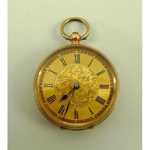 832 - A 19th century lady's pocket watch, open faced, key wind, possibly Swiss, floral engraved dial with ... 