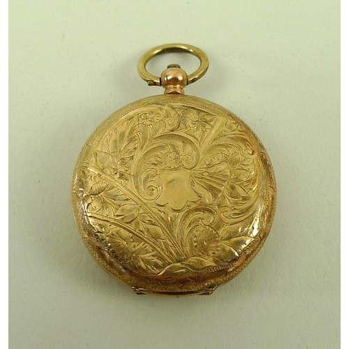 832 - A 19th century lady's pocket watch, open faced, key wind, possibly Swiss, floral engraved dial with ... 