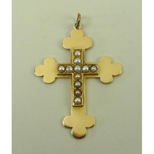 833 - A 14ct gold cross set with eleven faux seed pearls, 14g total weight, 4 by 5.5cm.