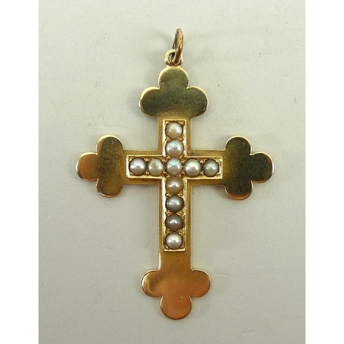 833 - A 14ct gold cross set with eleven faux seed pearls, 14g total weight, 4 by 5.5cm.