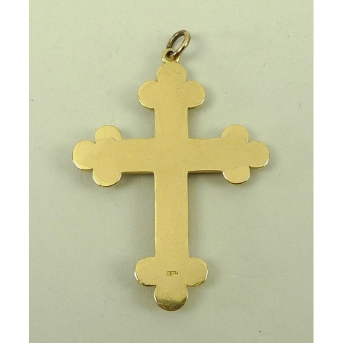 833 - A 14ct gold cross set with eleven faux seed pearls, 14g total weight, 4 by 5.5cm.