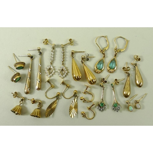 834 - A group of four pairs of 9ct gold earrings, including a pair of emerald and diamond drop earrings, 7... 