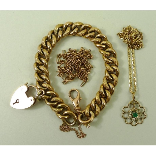 838 - A 9ct gold charm bracelet with textured links and a heart shaped padlock clasp, 26.1g, together with... 