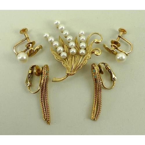 844 - A K. Mikimoto 15k gold and cultured pearl brooch in the form of a floral spray, a similar pair of sc... 