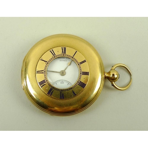848 - An 18ct gold half hunter pocket watch, key wind, with enamelled Roman numerals to outer case, openin... 