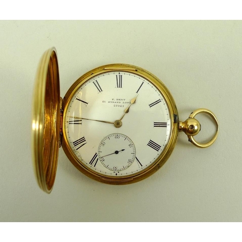 848 - An 18ct gold half hunter pocket watch, key wind, with enamelled Roman numerals to outer case, openin... 