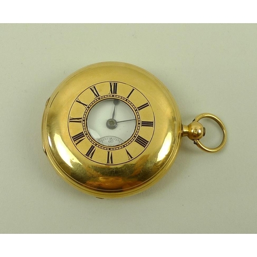 849 - An 18ct gold half hunter pocket watch, key wind, with enamelled Roman numerals to outer case, openin... 