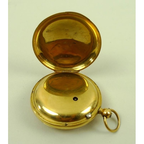849 - An 18ct gold half hunter pocket watch, key wind, with enamelled Roman numerals to outer case, openin... 