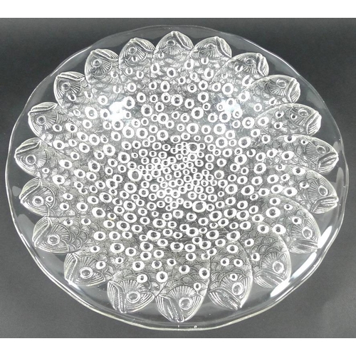 501 - A Rene Lalique Roscoff shallow bowl, of clear glass, with fish and bubble design, engraved signature... 