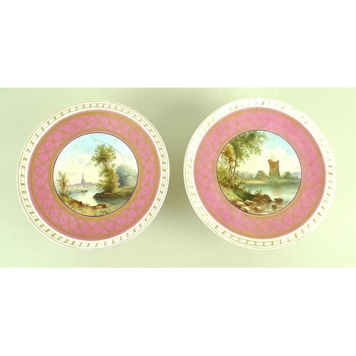 515 - A pair of Victorian porcelain comports and a pair of plates, the comports reserve decorated against ... 