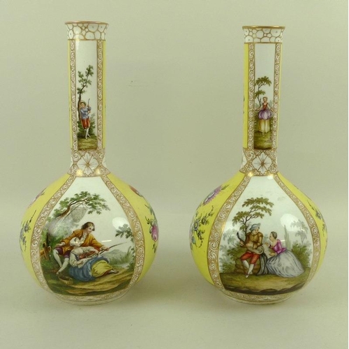 527 - A pair of Dresden porcelain bottle vases, late 19th century, decorated with alternate panels of Watt... 