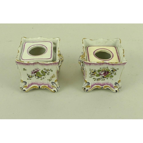 545 - A pair of French faience Veuve Perrin porcelain candle holders, late 18th century, of cubic form wit... 