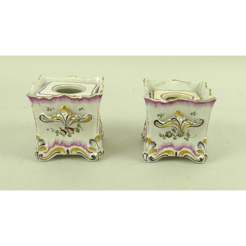 545 - A pair of French faience Veuve Perrin porcelain candle holders, late 18th century, of cubic form wit... 