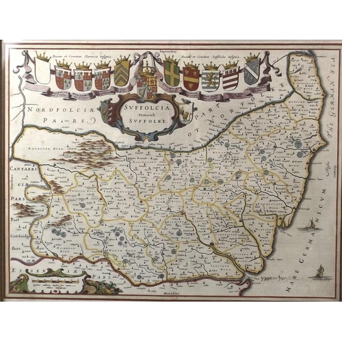 571 - Johannes Blaeu (Dutch, 1596-1673): a map of Suffolk, Mare Germanicum, 1646, hand coloured, trimmed e... 