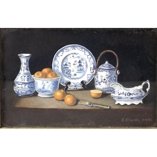 600 - Enid Clarke A.R.M.S: a set of six miniature still life scenes, watercolour, highlighted with white, ... 