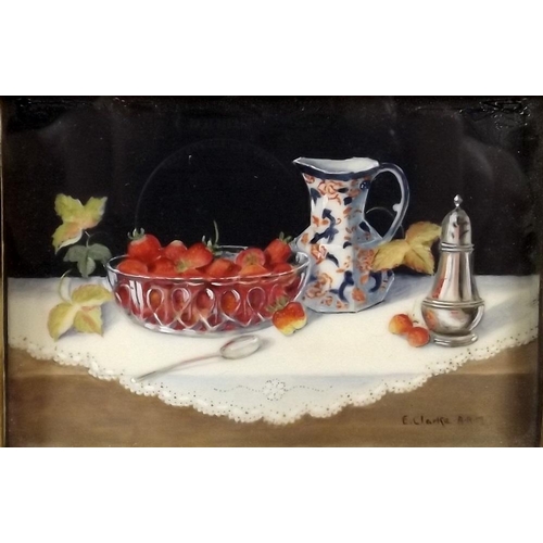 600 - Enid Clarke A.R.M.S: a set of six miniature still life scenes, watercolour, highlighted with white, ... 