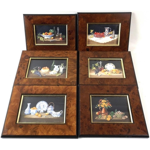 600 - Enid Clarke A.R.M.S: a set of six miniature still life scenes, watercolour, highlighted with white, ... 