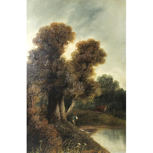 611 - English School (late 19th century): a pair of landscapes with cottages, and a man fishing, oils on c... 