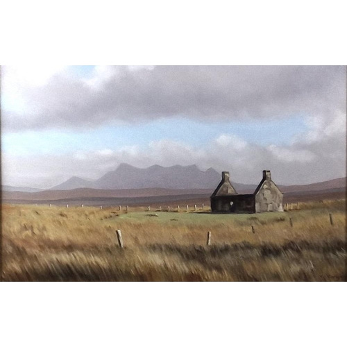 616 - K. Bryan: a derelict croft, oil on canvas, signed lower right, Three Herons Studio, Skye, 37 by 58cm... 