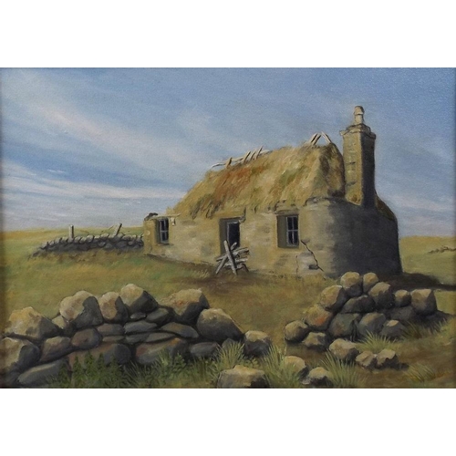 616 - K. Bryan: a derelict croft, oil on canvas, signed lower right, Three Herons Studio, Skye, 37 by 58cm... 