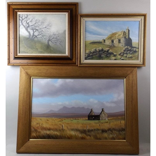 616 - K. Bryan: a derelict croft, oil on canvas, signed lower right, Three Herons Studio, Skye, 37 by 58cm... 