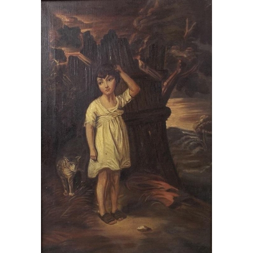 617 - Mary Palmer: 'The Cottager', circa 1920, depicting a child in a white dress, with a cat, oil on canv... 