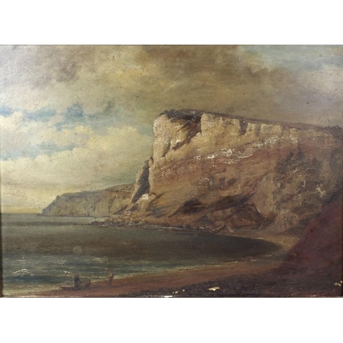 618 - A 19th century beach scene, depicting white cliffs and a bay, with a beached boat and two figures, o... 