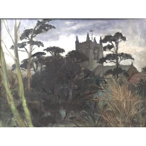 619 - Robin Mackertich, ARWA, RBA, NEAC (British, 1921-1993): 'Barkway Church, Hertfordshire', oil on boar... 