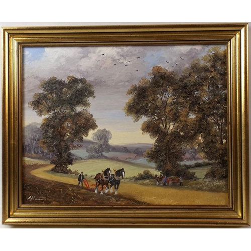 622 - A contemporary study of a ploughman, with huntsmen and hounds in the distance, acrylic on board, ind... 