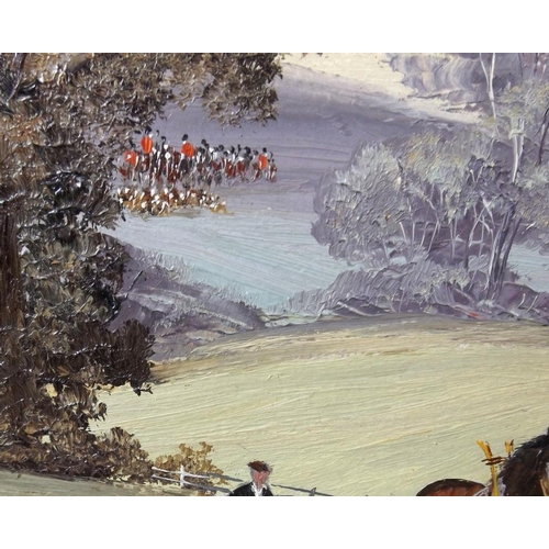 622 - A contemporary study of a ploughman, with huntsmen and hounds in the distance, acrylic on board, ind... 