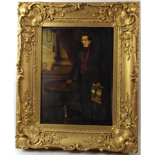 623 - A Victorian portrait of a gentleman, possibly an architect, oil on board, the subject standing point... 