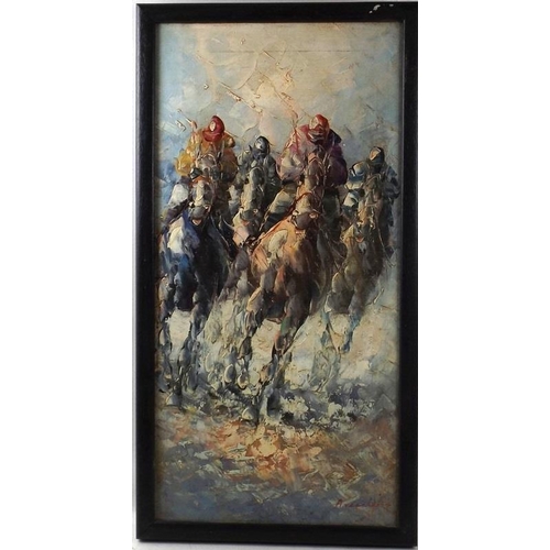 624 - Anthony Vecchio (American, b. 1949): jockeys racing on horseback, heavy impasto, oil on canvas, sign... 