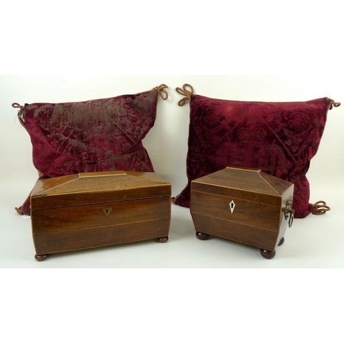 710 - A 19th century rosewood sarcophagus tea caddy with ivory lockplate raised on bun feet, the fitted in... 