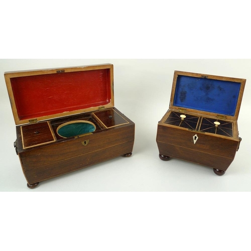 710 - A 19th century rosewood sarcophagus tea caddy with ivory lockplate raised on bun feet, the fitted in... 