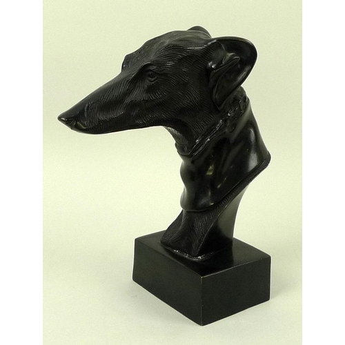 712 - A cast bronze bust of a greyhound, 20th century, sporting a collar, raised on a rectangular base, un... 