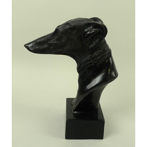 712 - A cast bronze bust of a greyhound, 20th century, sporting a collar, raised on a rectangular base, un... 