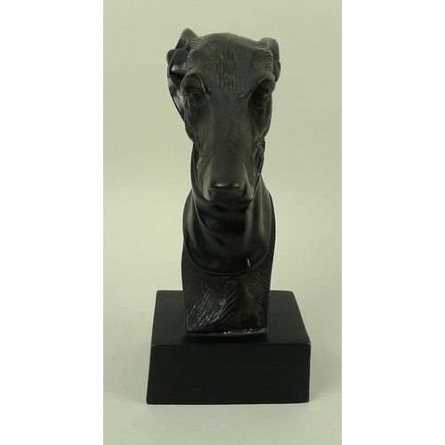 712 - A cast bronze bust of a greyhound, 20th century, sporting a collar, raised on a rectangular base, un... 